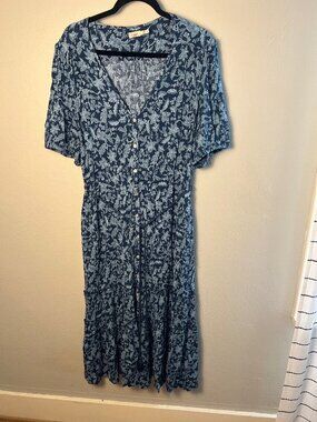 Faherty Blue Floral Maxi Dress XXL | Ecovero Boho Coastal Button Front w/ Pocket